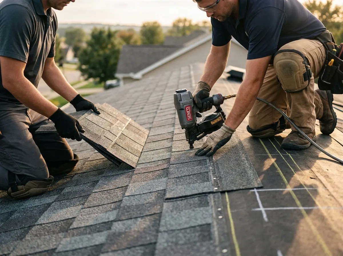 Professional roofer working on a residential roof in Bradley